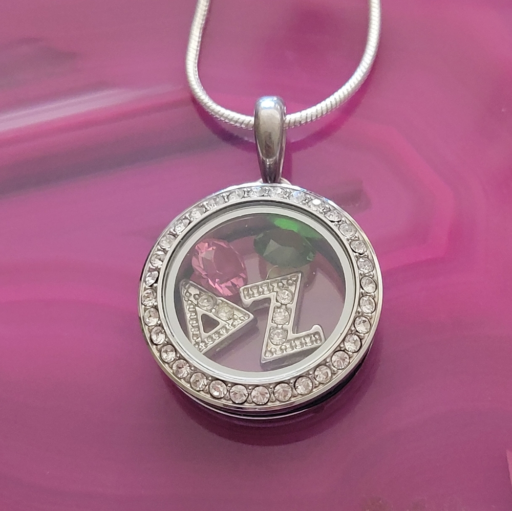 Origami Owl Delta Zeta Sorority Swarovski Crystal Locket, Chain, Charms